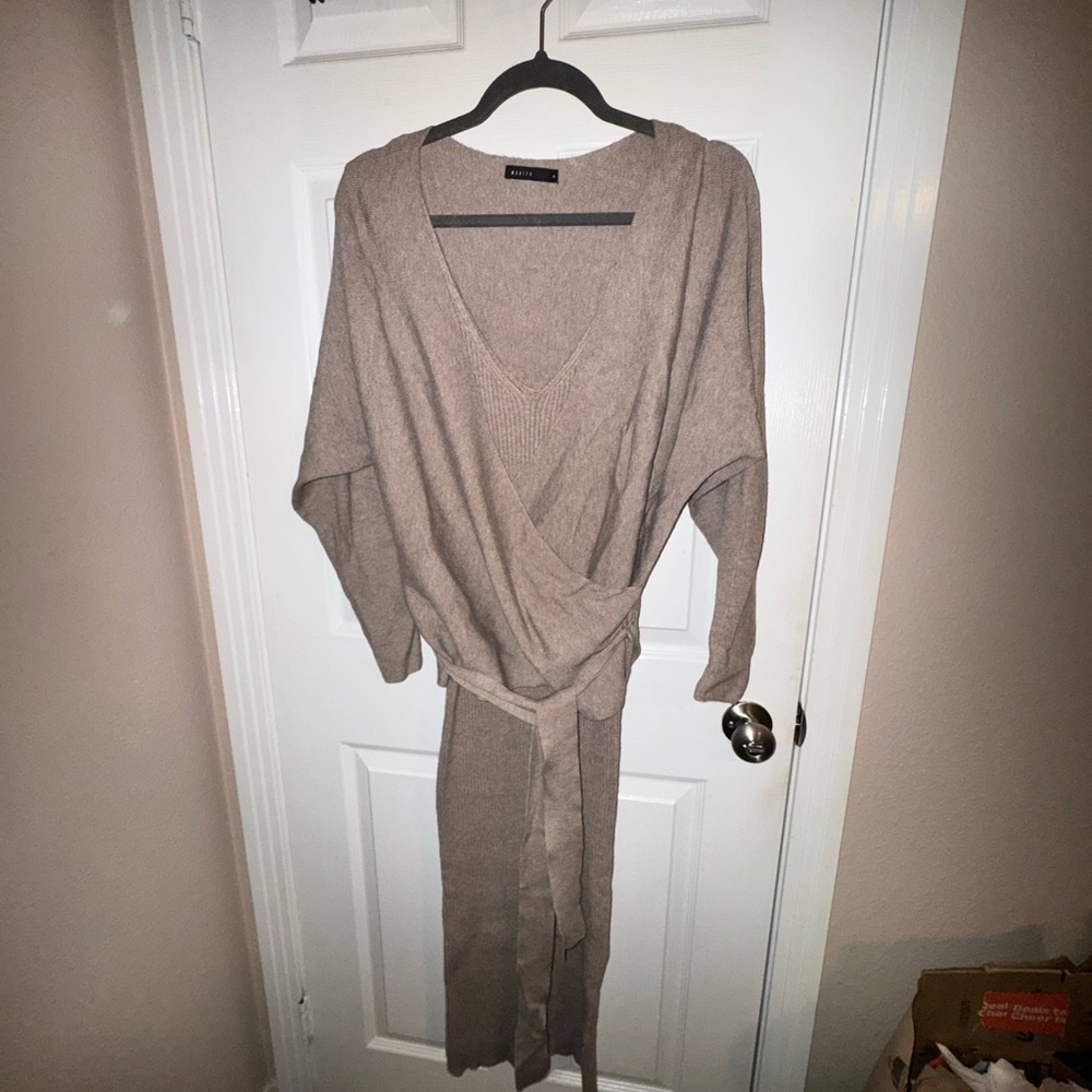 Tan Knit Wrap Dress